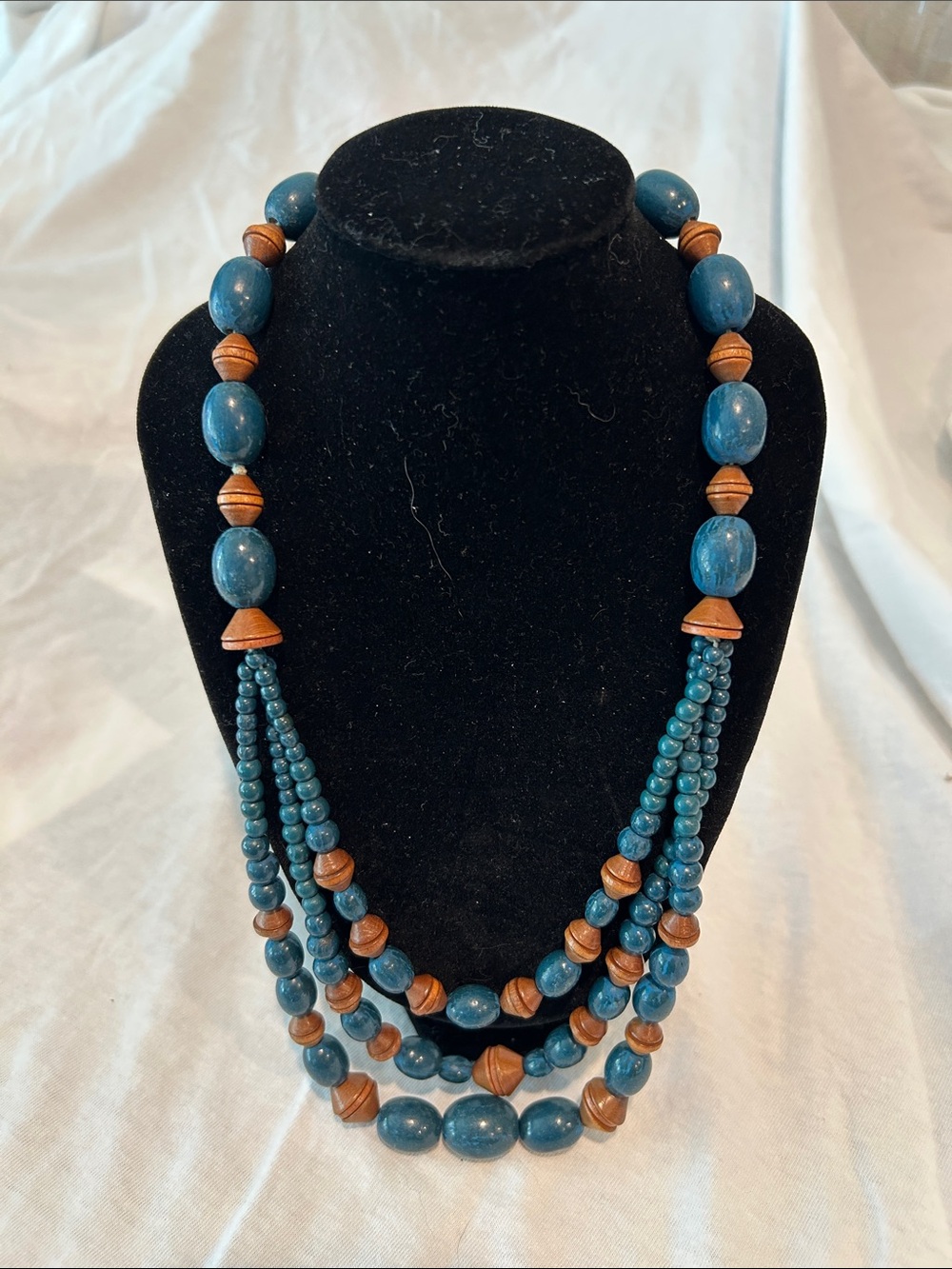 Blue and Wood Beaded Multi-Strand Necklace - Unbranded